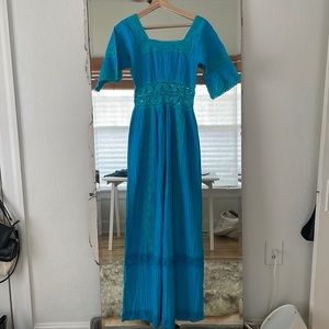 vintage handmade Mexican Oaxacan wedding dress - cerulean blue